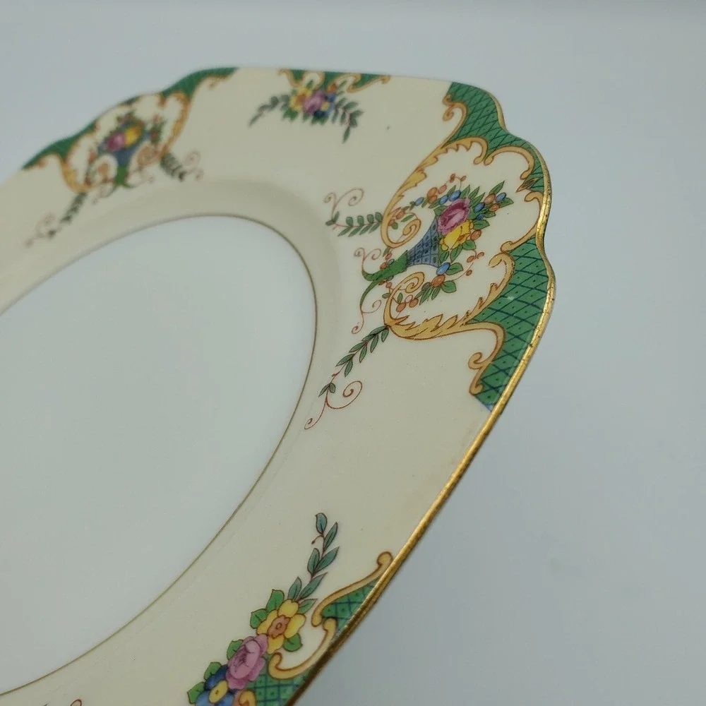 Gebruder Benedikt Czechoslovakia Bread Plate Gilt‎ Green Border Floral Basket 7